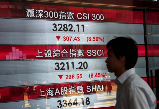 Màn hình hiển thị sự sụt giảm của các chỉ số chứng khoán Trung Quốc hôm 24-8Ảnh: Reuters