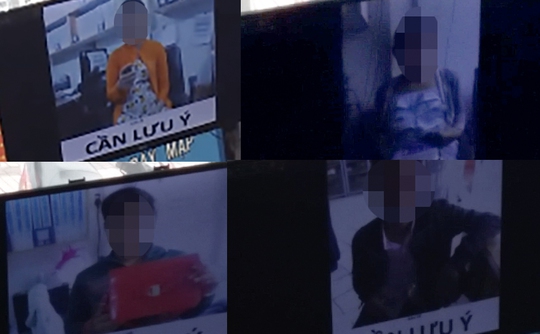 
Một số người vào siêu thị trộm bị bắt được và phải chụp hình cùng tang vật để chiếu lên màn hình
