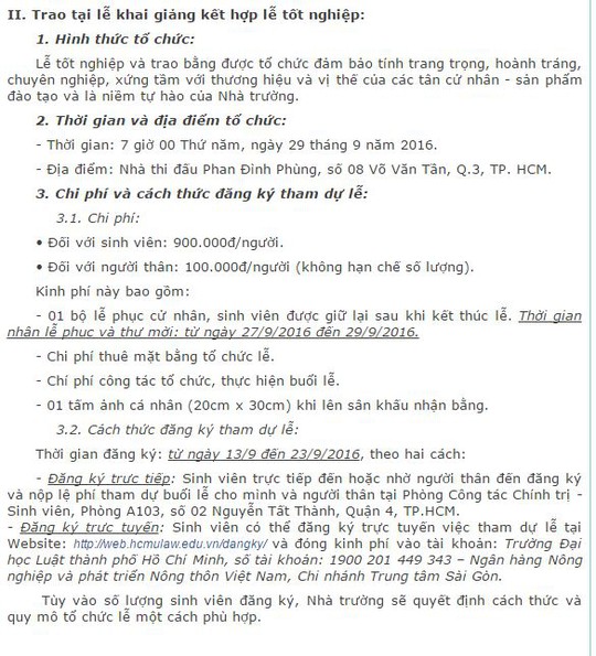
Thông báo ngày 13-9 về lễ tốt nghiệp năm 2016 của Trường ĐH Luật TP HCM
