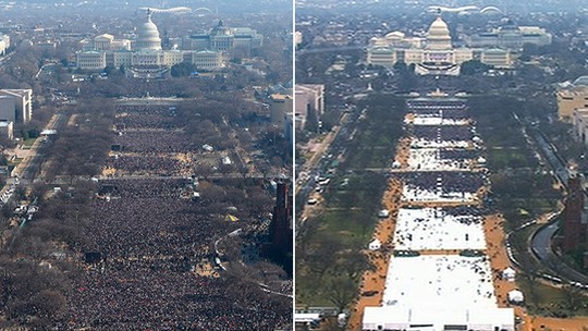 
Ảnh chụp Quảng trường Quốc gia (National Mall) từ trên không vào ngày nhậm chức của ông Obama năm 2009 (trái) và vào lễ nhậm chức của ông Trump sáng 20-1. Ảnh: AP
