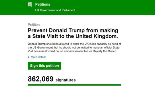 
Đơn kiến nghị ngăn ông Trump viếng thăm Anh cấp nhà nước thu hút gần 900.000 chữ ký. Ảnh: CNN
