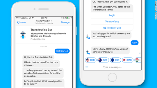 Giao diện chuyển tiền qua Facebook Messenger bằng cách dùng TransferWise Bot.