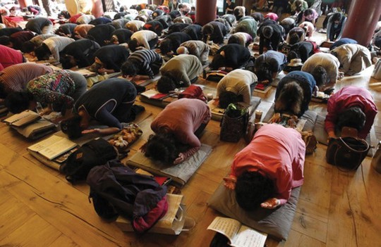 Phụ huynh cầu cho con cái thi đỗ ĐH tại đền Jogye ở Seoul - Hàn Quốc Ảnh: REUTERS