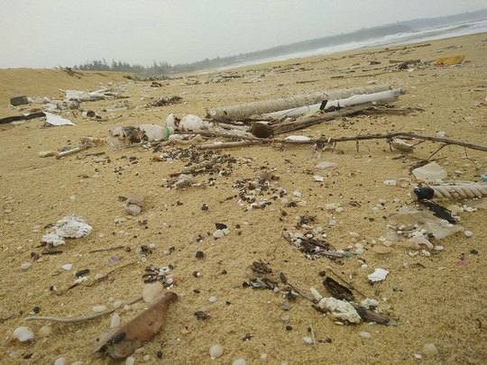 
Dầu vón xen lẫn với rác thải nằm trải dài 7 km dọc bờ biển
