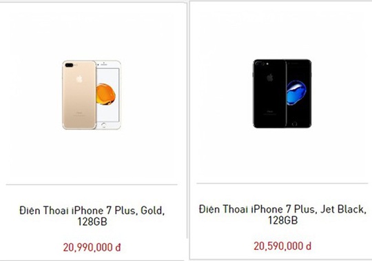 iPhone 7 Plus Jet Black 128 GB rẻ hơn các màu còn lại 400.000 đồng, bản 256 GB rẻ hơn 700.000 đồng. Ảnh chụp màn hình.
