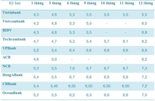 Biểu lãi suất kỳ hạn dưới 12 tháng của một số ngân hàng. Nguồn: NHTM.