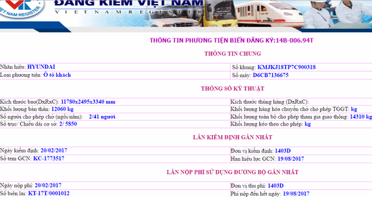 Dữ liệu thông tin về chiếc xe khách bị nổ tại Bắc Ninh, được đăng tải trên website của Cục Đăng kiểm Việt Nam
