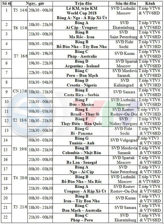 Lịch tường thuật trực tiếp 64 trận đấu World Cup 2018 trên VTV - Ảnh 1.