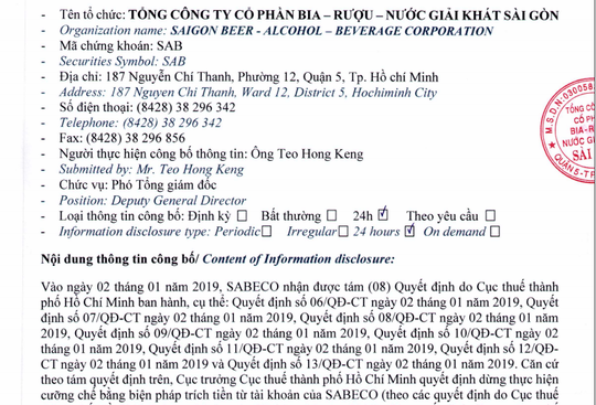 Cục Thuế TP HCM ra quyết định dừng cưỡng chế thuế với Sabeco - Ảnh 1.