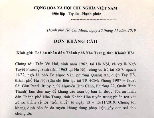 Vợ chồng luật sư Trần Vũ Hải kháng cáo bản án trốn thuế - Ảnh 2.