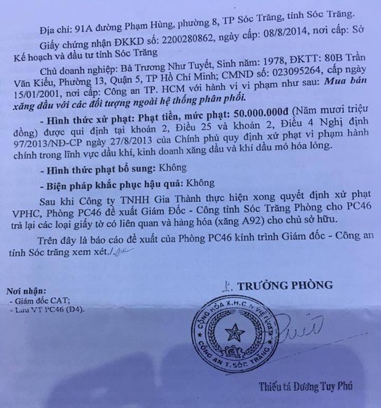 Lat lai “phi vu” mua ban 2 trieu lit xang co lien quan den dai gia Trinh Suong