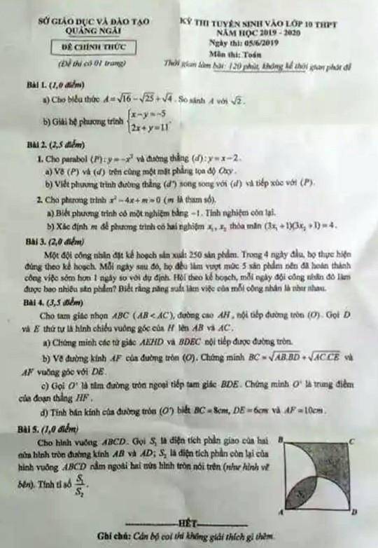 Xôn xao đề thi vào lớp 10 ở Quảng Ngãi giống đề thi thử - Ảnh 2.