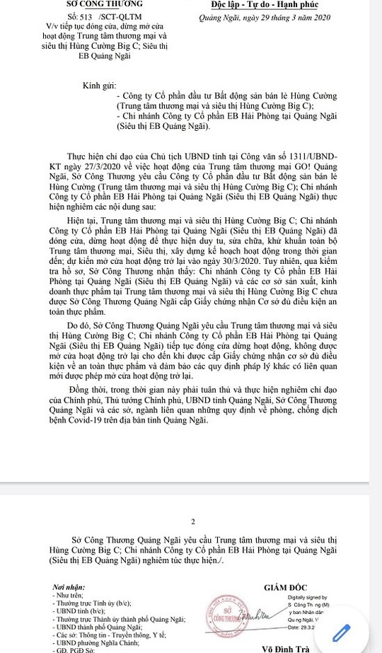 Yêu cầu siêu thị Big C Go Quảng Ngãi tiếp tục đóng cửa sau khi khai trương - Ảnh 1.