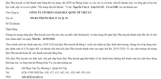 Nộp học phí chậm, phụ huynh Trường Việt Úc “bị phạt” 0,2 %/ngày - Ảnh 2.