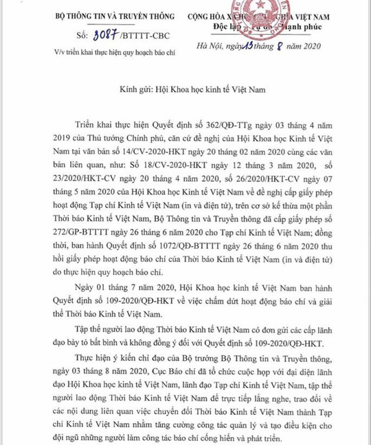 Yêu cầu chuyển đổi Thời báo Kinh tế Việt Nam thành Tạp chí Kinh tế Việt Nam - Ảnh 1. Yêu cầu chuyển đổi Thời báo Kinh tế Việt Nam thành Tạp chí Kinh tế Việt Nam - Ảnh 1.