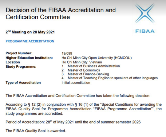 Trường ĐH Mở TP HCM có 4 chương trình đào tạo bậc thạc sĩ đạt chuẩn FIBAA - Ảnh 1.