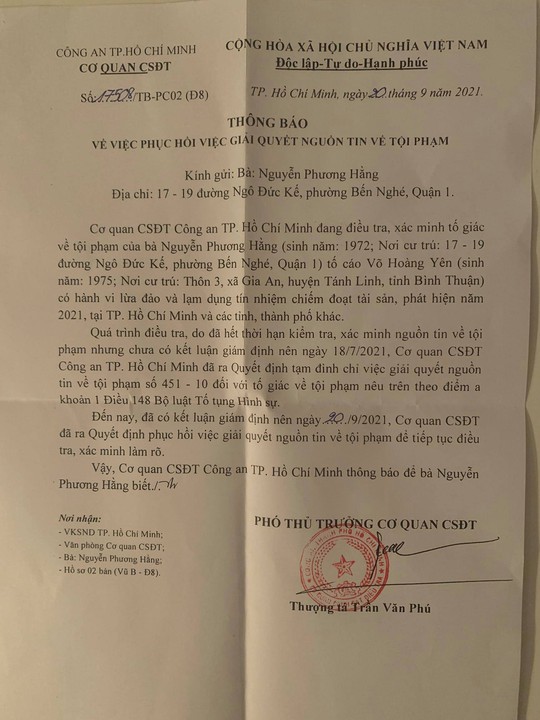 Công an TP HCM phục hồi điều tra vụ bà Nguyễn Phương Hằng tố ông Võ Hoàng Yên - Ảnh 1.