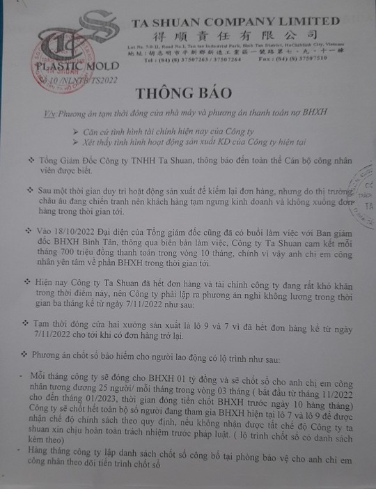 Công ty TNHH Tashuan cam kết giải quyết dứt điểm nợ BHXH - Ảnh 1.