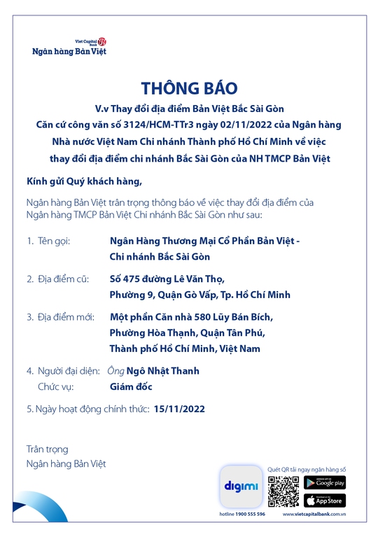 Ngân hàng Bản Việt thông báo thay đổi địa điểm chi nhánh Bắc Sài Gòn - Ảnh 1.