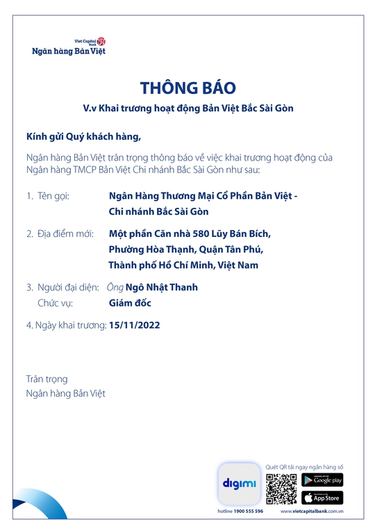 Thông báo khai trương hoạt động Ngân hàng Bản Việt - Chi nhánh Bắc Sài Gòn - Ảnh 1.