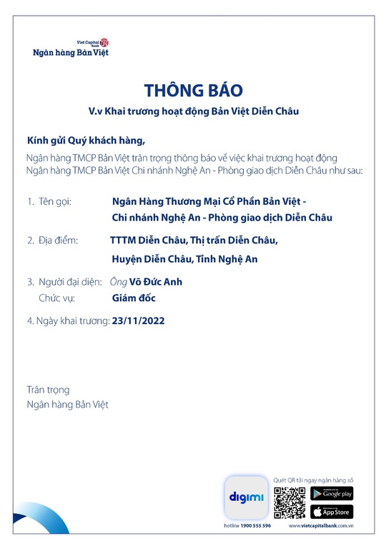 Thông báo khai trương hoạt động Bản Việt Diễn Châu - Ảnh 1.