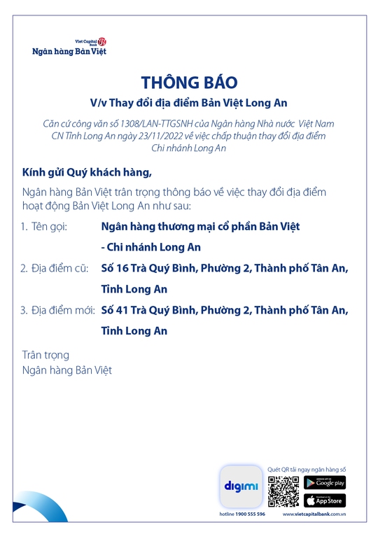 Thông báo thay đổi địa điểm hoạt động Bản Việt Long An - Ảnh 1.