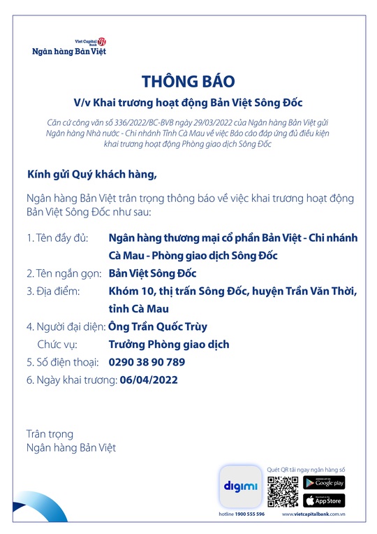 Thông báo khai trương hoạt động Bản Việt Sông Đốc - Ảnh 1.