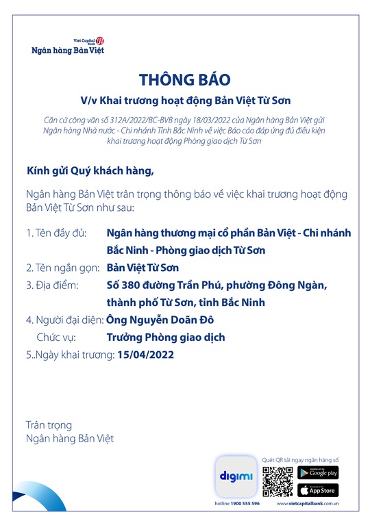 Thông báo khai trương hoạt động Bản Việt Từ Sơn - Ảnh 1.