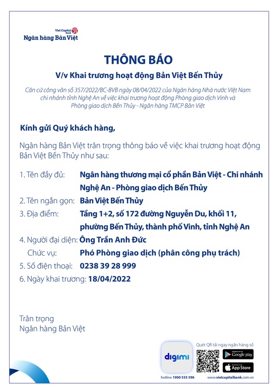 Thông báo khai trương hoạt động Bản Việt Bến Thủy - Ảnh 1.