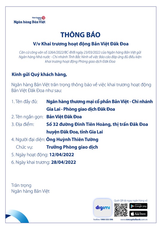 Thông báo khai trương hoạt động Bản Việt Đăk Đoa - Ảnh 1.