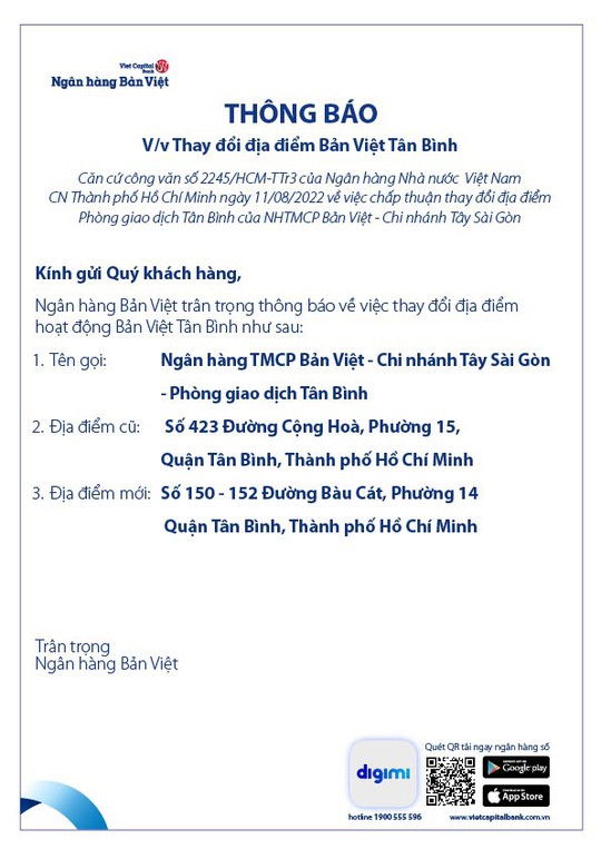Thông báo thay đổi địa điểm Bản Việt Tân Bình - Ảnh 1. Thông báo thay đổi địa điểm Bản Việt Tân Bình - Ảnh 1.