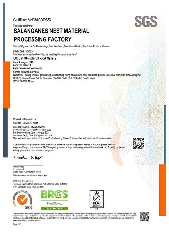Nhà máy Chế biến Nguyên liệu Yến sào đầu tiên Việt Nam đạt tiêu chuẩn toàn cầu về an toàn thực phẩm - BRCGS - Ảnh 2.