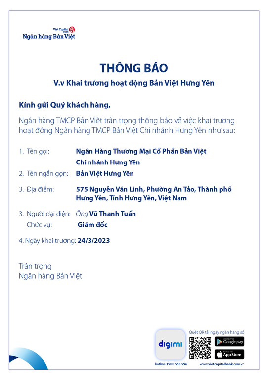 Thông báo khai trương hoạt động Bản Việt Hưng Yên - Ảnh 1.