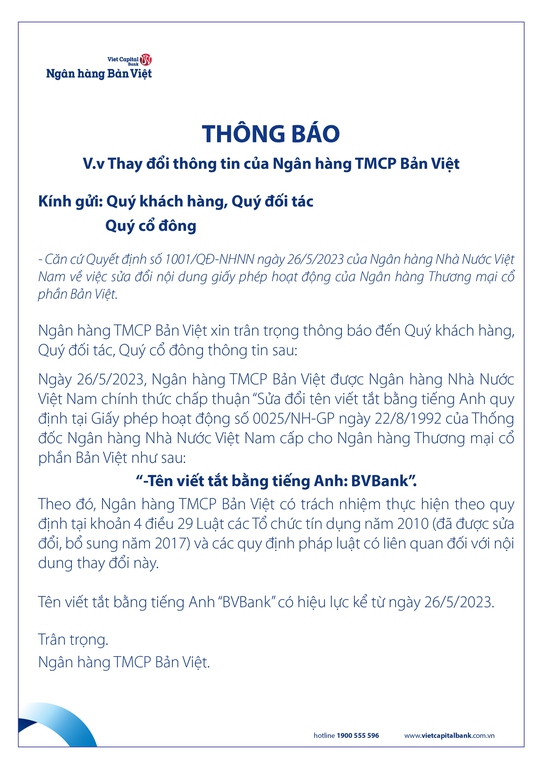 Ngân hàng TMCP Bản Việt thông báo thay đổi thông tin - Ảnh 1.