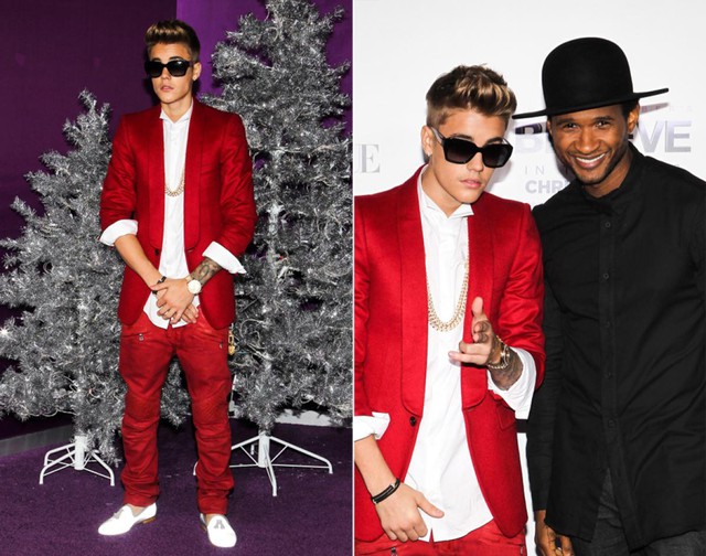 
	Justin Bieber và bạn tên là Usher bên cây thông Noel ngày 18-12
