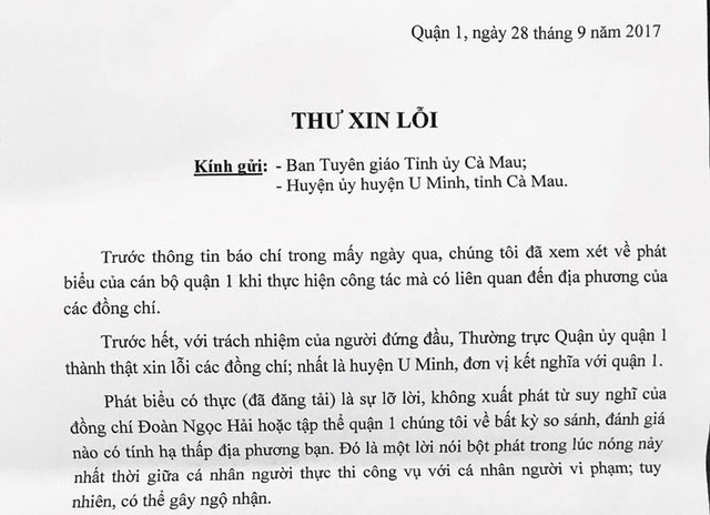 Quận 1 xin lỗi tỉnh Cà Mau vì phát ngôn của ông Đoàn Ngọc Hải