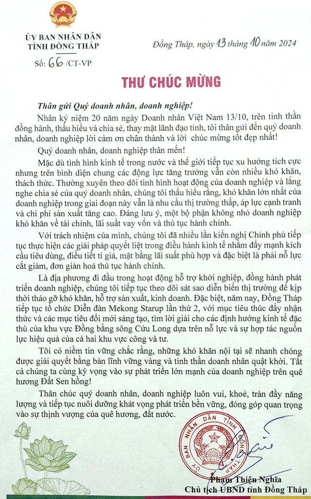 Chủ tịch UBND tỉnh Đồng Tháp gửi thư chúc mừng doanh nhân, doanh nghiệp- Ảnh 1.
