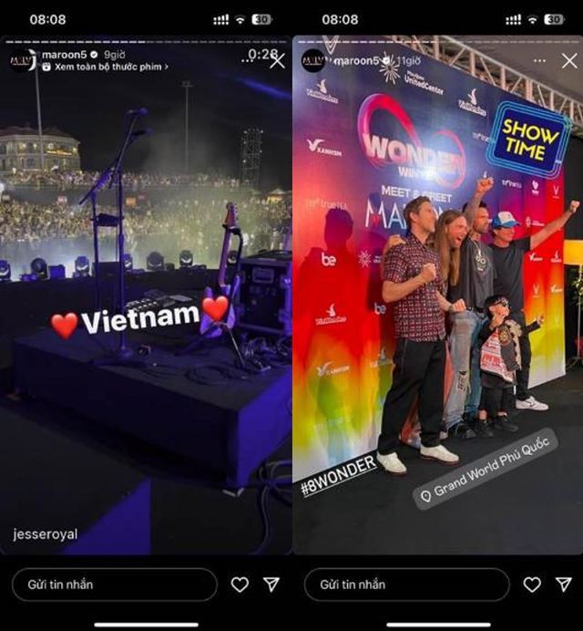 Maroon 5 đăng story check-in Phú Quốc ngay tại siêu nhạc hội 8WONDER Winter Fest 2023