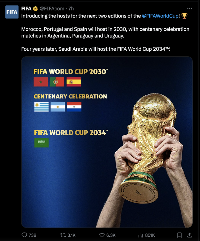 Tây Ban Nha, Bồ Đào Nha và Morocco đồng chủ nhà World Cup 2030, Ả Rập Saudi đăng cai World Cup 2034- Ảnh 1.