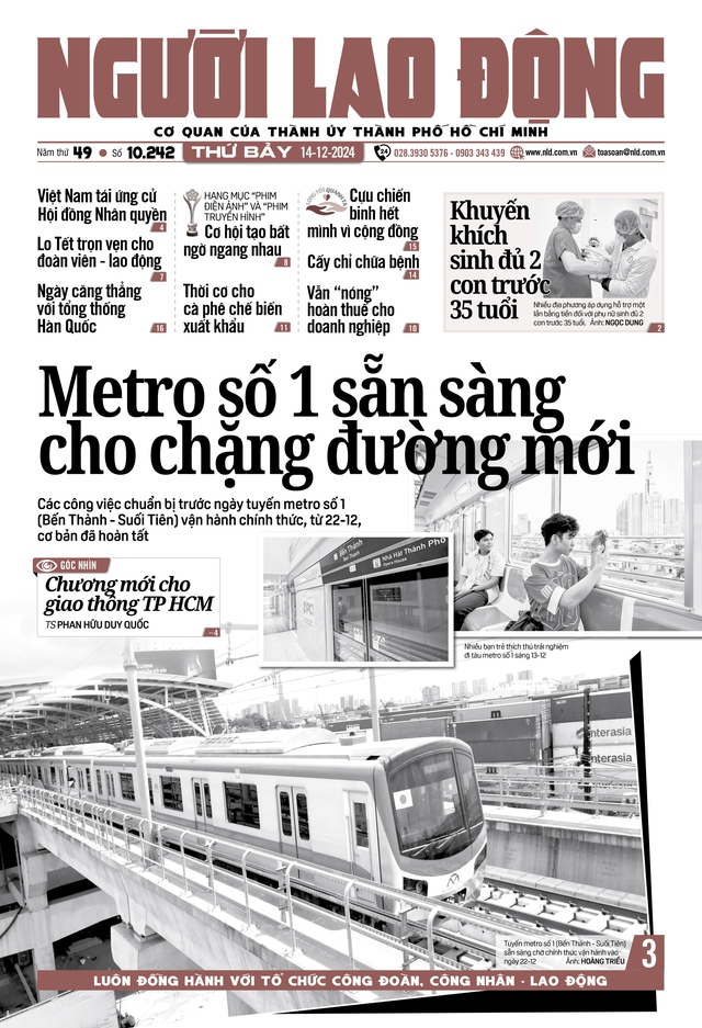 Báo in ngày 14-12: Metro số 1 sẵn sàng cho chặng đường mới- Ảnh 1.