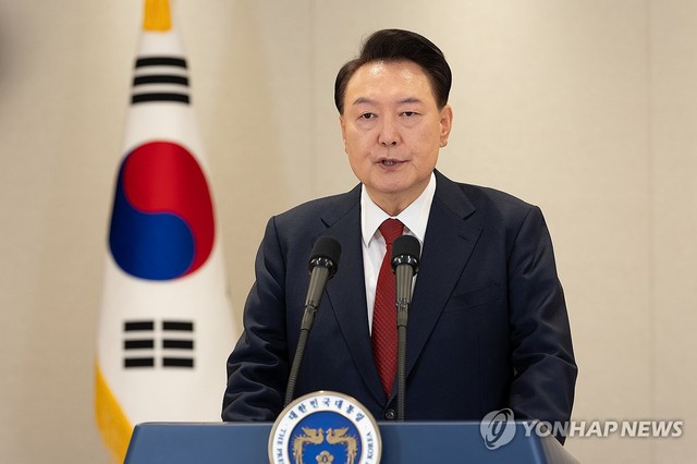 President Yoon Suk Yeol gives a public statement at the presidential office on Dec. 12, 2024, denouncing the main opposition Democratic Party for paralyzing state affairs with its abuse of impeachments, in this photo provided by Yoon's office. (PHOTO NOT FOR SALE) (Yonhap)