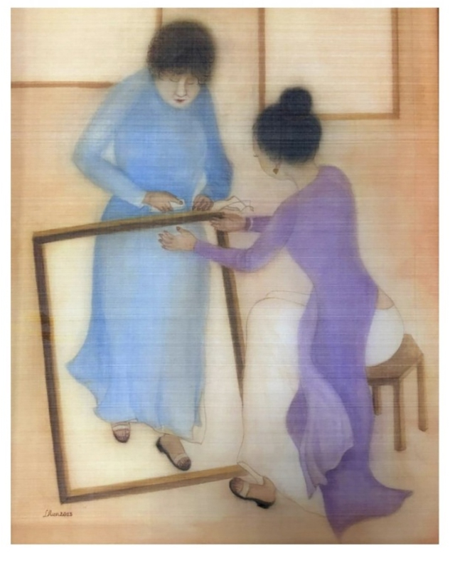 Tác phẩm “Căng khung vẽ lụa” của họa sĩ Lương Hiền
