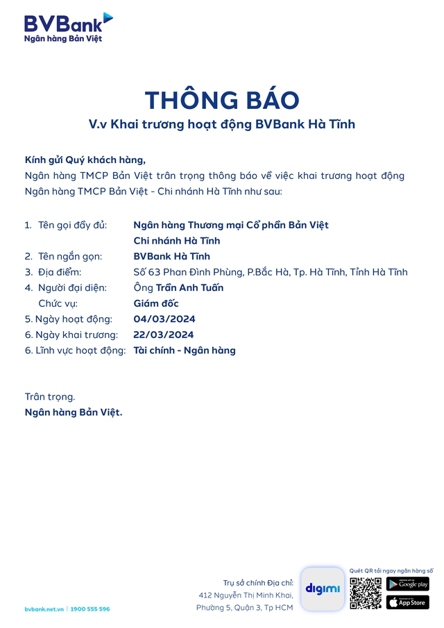Khai trương hoạt động BVBank Hà Tĩnh- Ảnh 1.