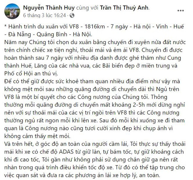 Anh Huy tâm đắc về chuyến du xuân cùng gia đình trên chiếc VF 8 tiện nghi, thoải mái và êm ái (Nguồn ảnh: Facebook Nguyễn Thành Huy)