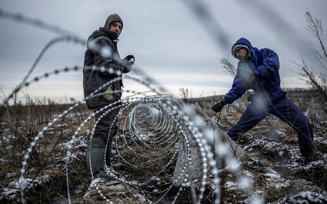 Hàng rào dây thép gai ở một khu vực Ukraine đặt phòng tuyến. Ảnh: Reuters