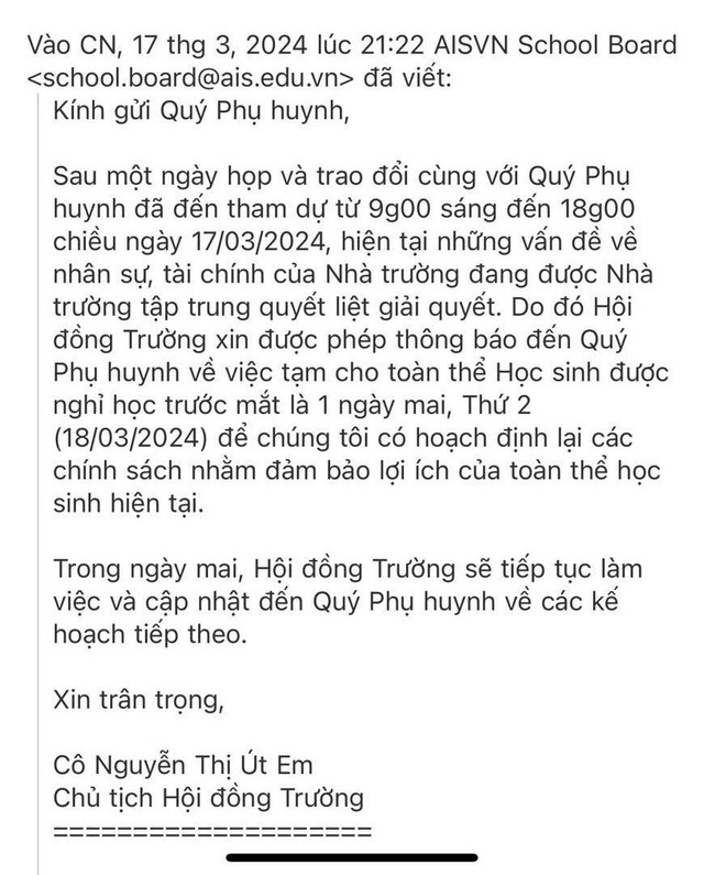 Vụ trường quốc tế cho học sinh nghỉ học: Chủ tịch hội đồng trường không lên Sở GD-ĐT TP làm việc- Ảnh 2.