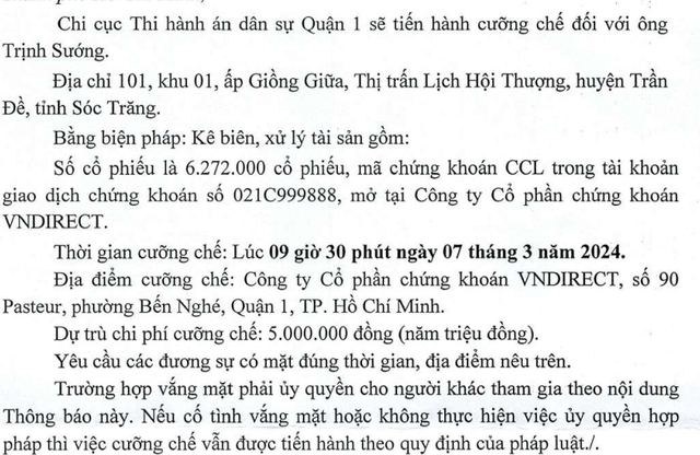 Cưỡng chế 6,2 triệu cổ phiếu CCL của 