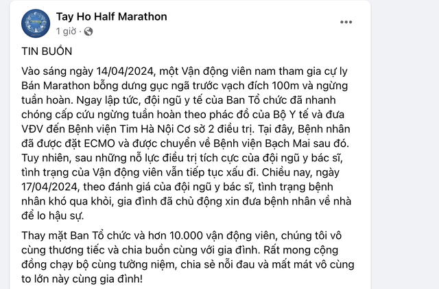 Vận động viên ngừng tim tại giải chạy Tay Ho Marathon không qua khỏi- Ảnh 1.