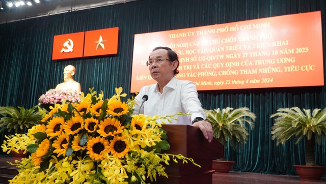 Bí thư Thành ủy TP HCM Nguyễn Văn Nên phát biểu chỉ đạo tại hội nghị ngày 23-4