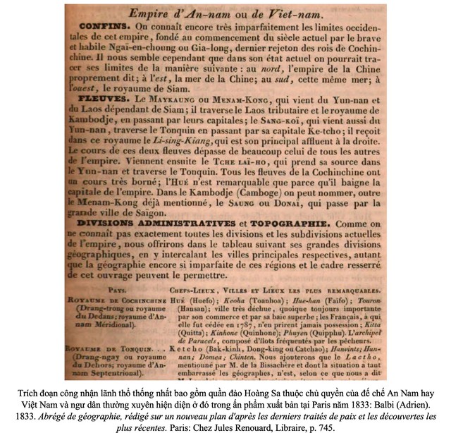 Trích đoạn trong ấn phẩm “Địa lý tóm tắt” của học giả Adrien Balbi xuất bản tại Paris - Pháp năm 1833, được ThS Nguyễn Quang Trung Tiến sưu tầm, nghiên cứu